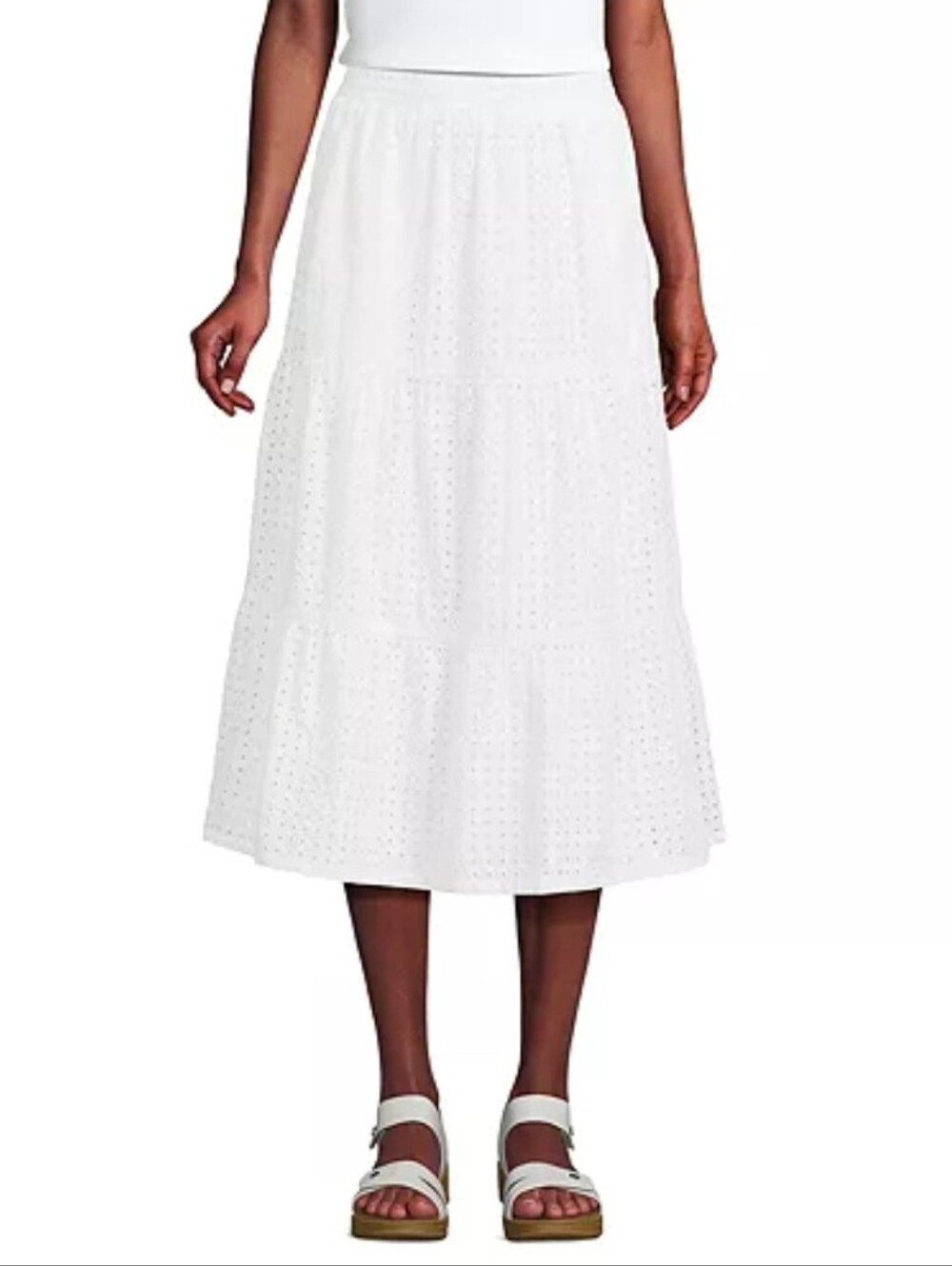 Lands' End White Poplin Pull-On Tiered Eyelet Midi Skirt